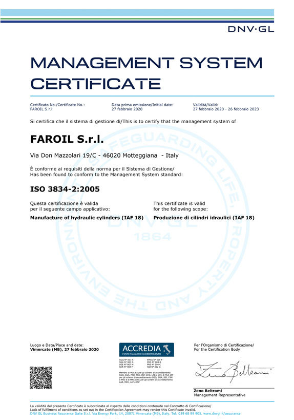 Certificazione ISO 3834-2:2005 - FAROIL