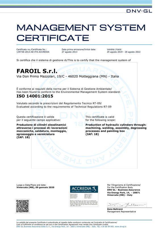 Certificazione ISO 14001 Zertifikat - FAROIL
